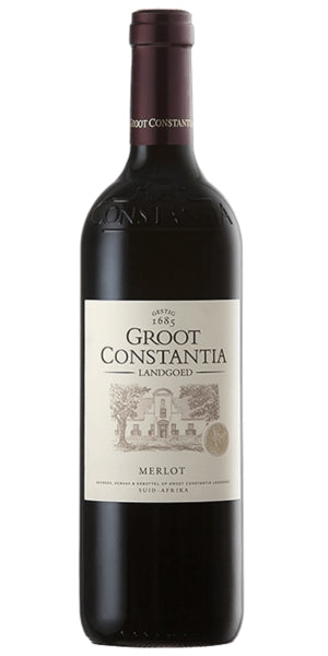 Groot Constantia Merlot wine bottle on a white background by Whelehans Wines. 