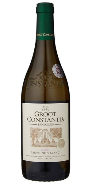 Bottle of Groot Constantia Sauvignon Blanc wine on a white background, by Whelehans Wines. 