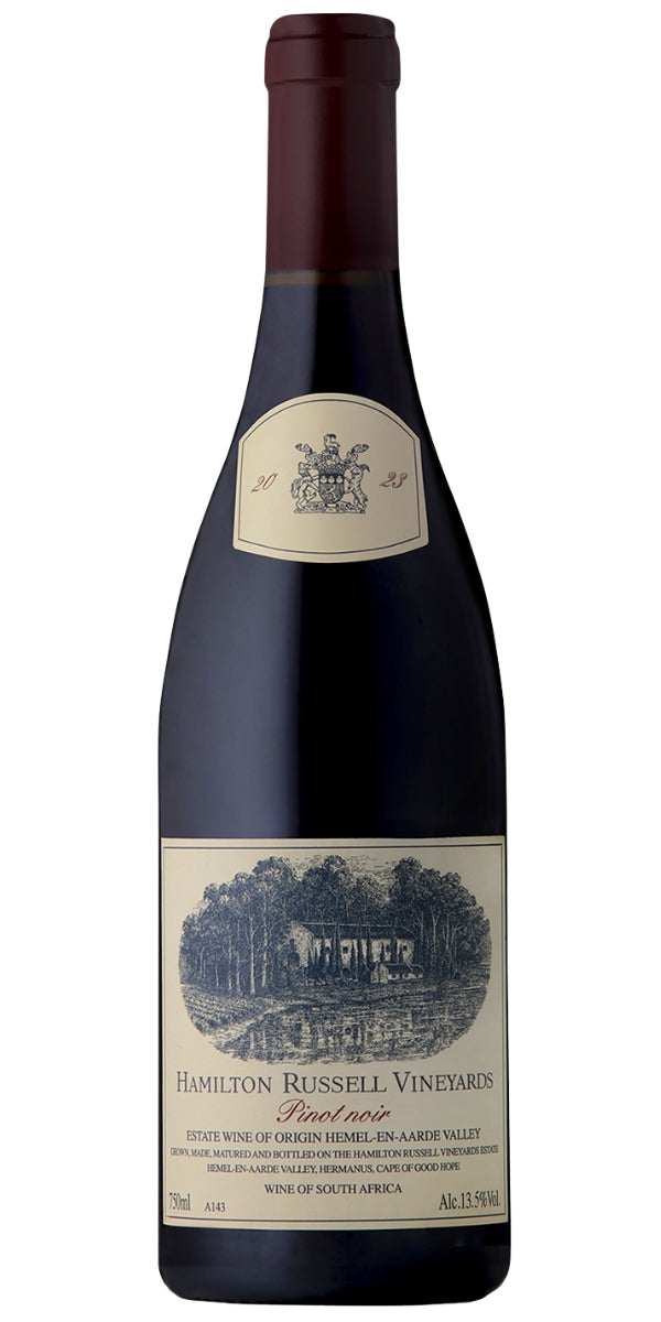 Wine bottle of south african pinot noir with a label on a white background - by Whelehans Wines. 