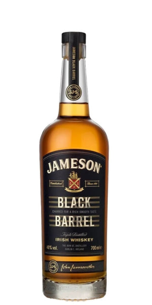 A bottle of Jameson Black Barrel Irish Whiskey on a plain white background. By Whelehans Wines. 