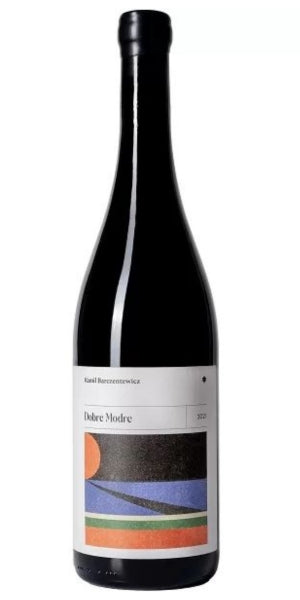 Red wine bottle from Poland, Debre Modre 20222 Blaufrankish, with a colorful label on a white background. By Whelehans Wines. 
