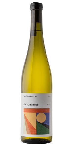 Gewurztraminer wine bottle from Poland with a colorful label on a white background. By Whelehans Wines