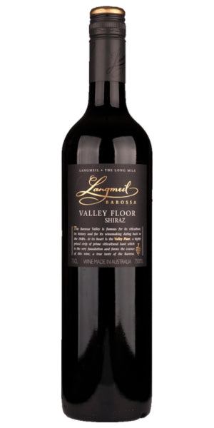 Wine bottle of Langmeil Valley Floor Shiraz with a label on a white background, by Whelehans Wines. 