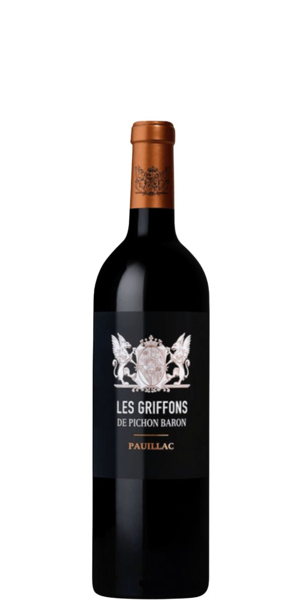 Wine bottle labeled 'Les Griffons de Pichon Baron' on a white background by Whelehans Wines. 