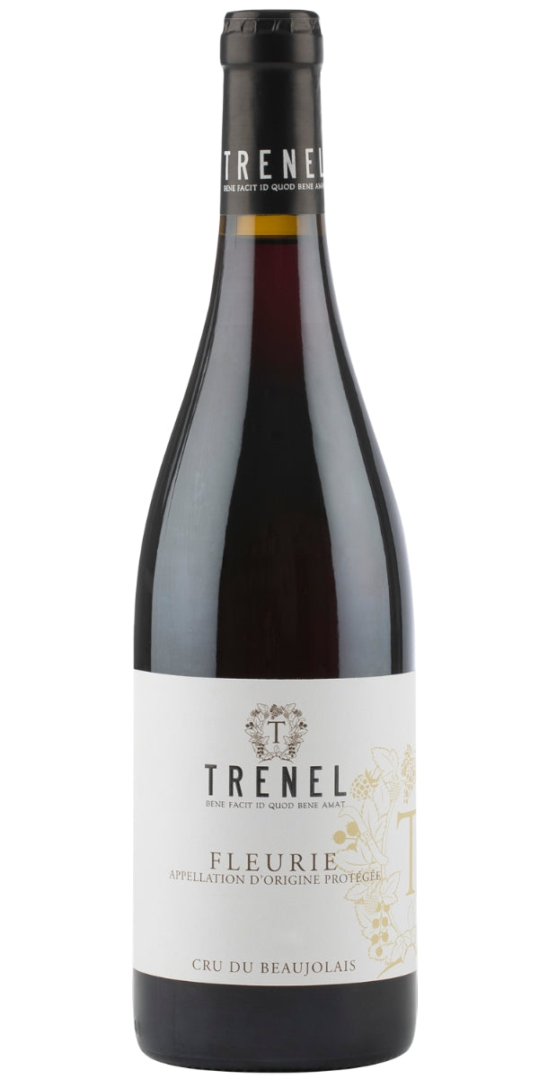 Wine bottle of Fleurie with Trenel label on a white background, by Whelehans Wines. 