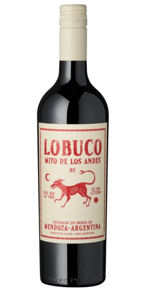 A bottle of Lobuco Malbec wine with a label featuring a red illustration of a wolf-like creature on a white background, by Whelehanbs Wines. 