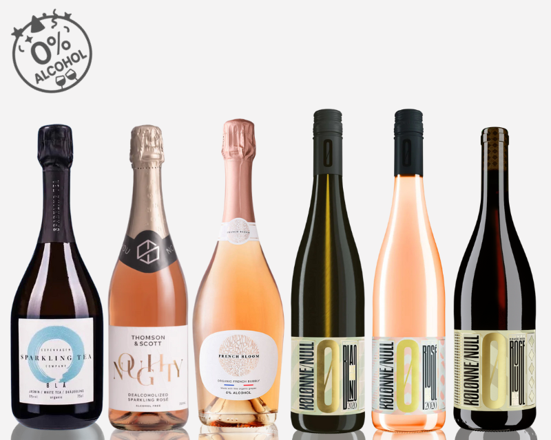 Collection of various zero alcohol wine bottles with labels on a white background, featuring a logo in the corner indicating 0% alcohol content. By Whelehans Wines