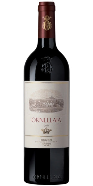 A bottle of Ornellaia 2023 Bolgheri Superiore, featuring a dark glass bottle with a cream-colored label and a dark red wax seal on the neck. By Whelehans Wines. 