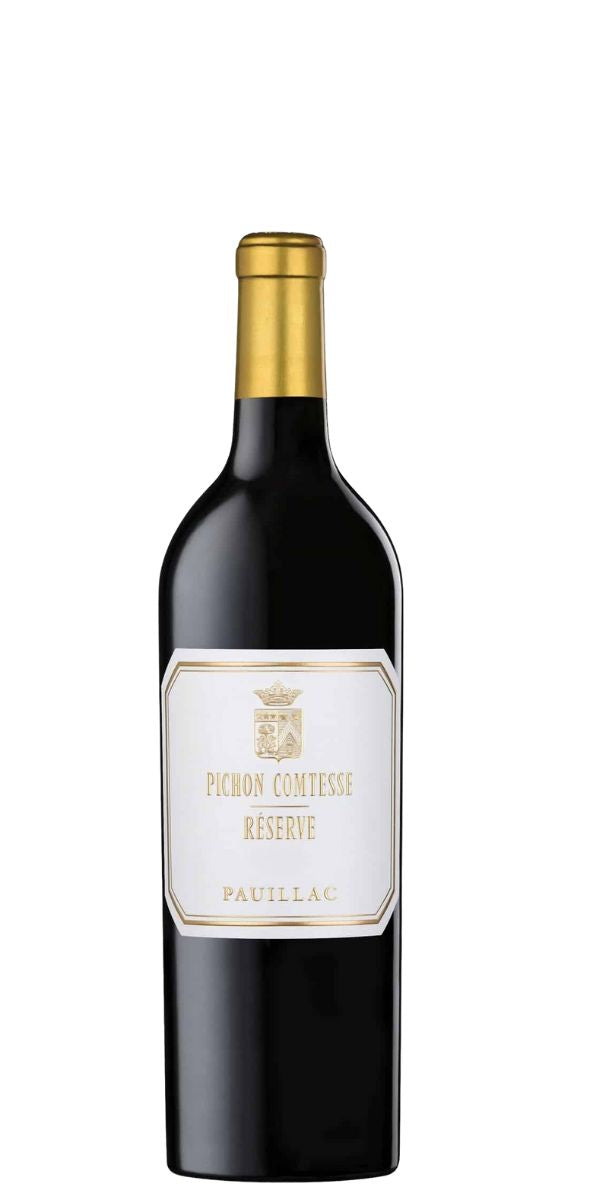 Red wine bottle with gold cap and white label on a white background. Chateau Pichon Longueville Comtesse de Lalande, Reserve, 2020 | 1/2 bottle by Whelehans Wines. 