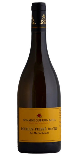 Pouilly-Fuissé 1er cru wine bottle with a yellow label on a white background by Whelehans Wines. 