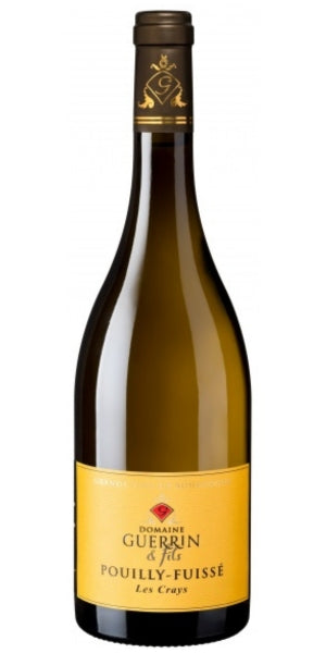 Wine bottle of Pouilly-Fuissé 1er Cru "Les Crays" with yellow label on a white background by Whelehans Wines. 