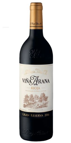Wine bottle labeled 'Vina Arana Rioja Gran Reserva 2016' on a white background, by Whelehans Wines. 