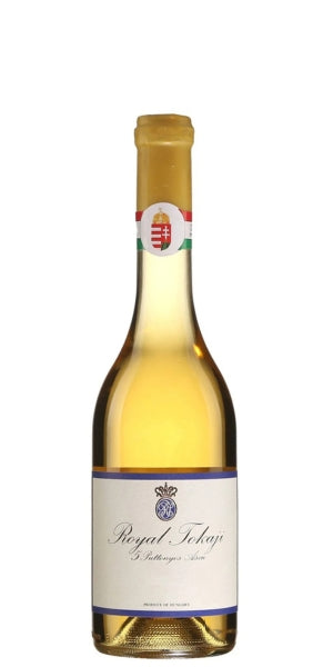 A bottle of Royal Tokay white wine with a gold foil neck seal featuring the Hungarian flag and a cream-colored label with blue and purple accents. By Whelehans Wines. 