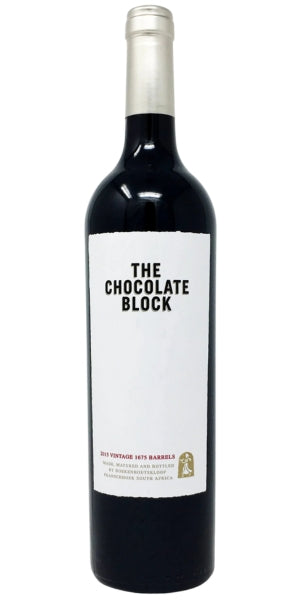 Bottle of 'The Chocolate Block' wine on a white background by Whelehans Wines. 