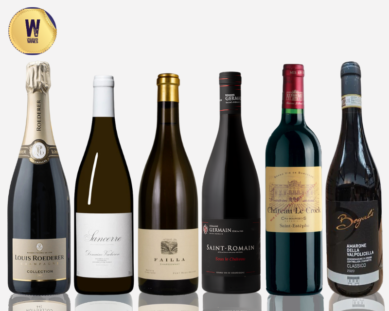 Collection of fancy wine bottles with visible brand names on a white background by Whelehans Wines